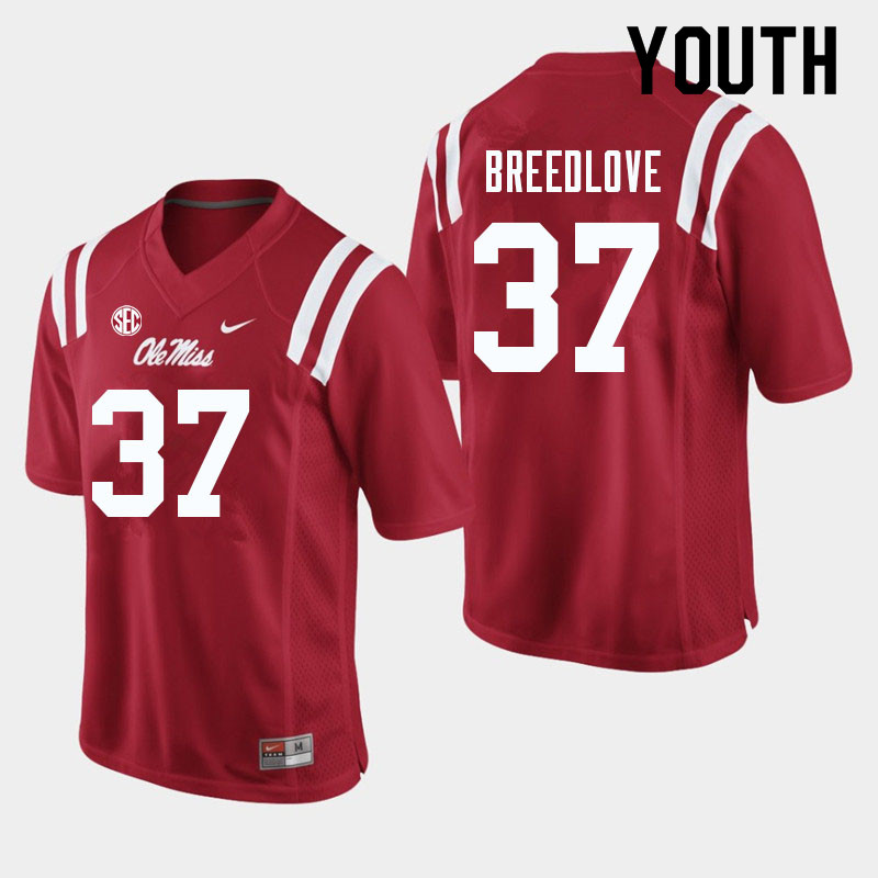 Youth #37 Kyndrich Breedlove Ole Miss Rebels College Football Jerseys Sale-Red - Click Image to Close